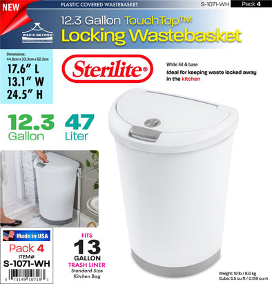#S-1071-WH Sterilite Plastic 12.3 Gallon Locking TouchTopª Wastebasket- White (case pack 4 pcs)
