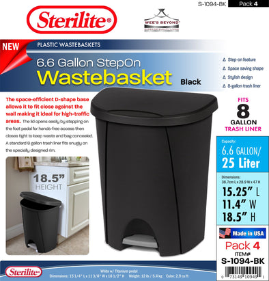 #S-1094-BK Sterilite Plastic 6.6 Gallon StepOn Wastebasket Black (case pack 4 pcs)