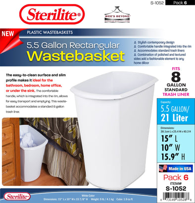 #S-1052 Sterilite Plastic 5.5 Gallon Rectangular Wastebasket (case pack 6 pcs)
