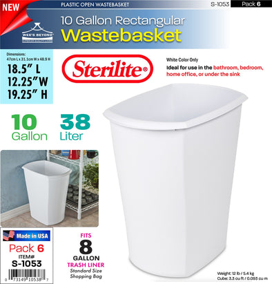 #S-1053 Sterilite Plastic 10 Gallon Rectangular Wastebasket (case pack 6 pcs)