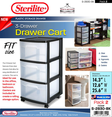 #S-2830-BK Sterilite Plastic 3 Drawer Cart - Black (case pack 2 pcs)