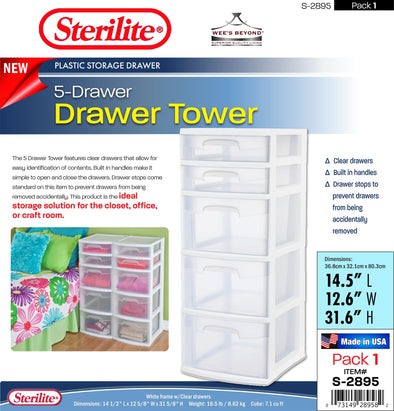 #S-2895 Sterilite Plastic 5 Drawer Tower