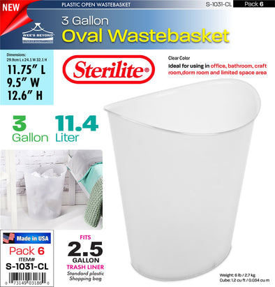 #S-1031-CL Sterilite Plastic 3 Gallon Oval Wastebasket - Clear (case pack 6 pcs)