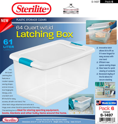 #S-1497 Sterilite Plastic Clear 64 Qt Latching Box w/Lid (case pack 6 pcs)