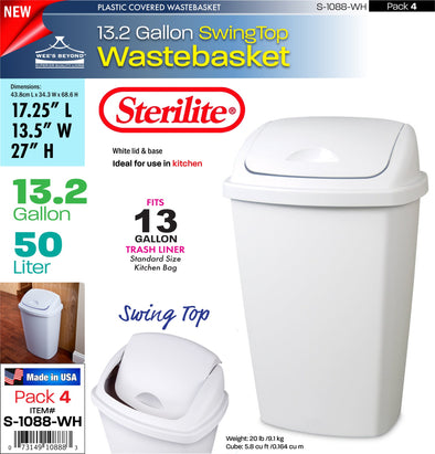 #S-1088-WH Sterilite Plastic 13.2 Gallon SwingTop Wastebasket- White (case pack 4 pcs)