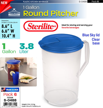 #S-0488 Sterilite Plastic 1 Gallon Round Pitcher (case pack 6 pcs)