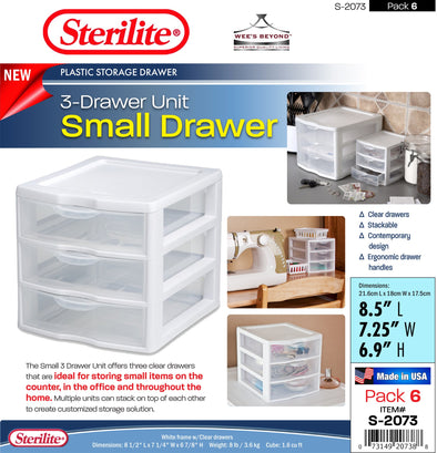 #S-2073 Sterilite Plastic Small 3 Drawer Unit (case pack 6 pcs)