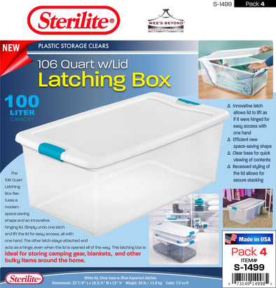 #S-1499 Sterilite Plastic Clear 106 Qt Latching Box w/Lid (case pack 4 pcs)