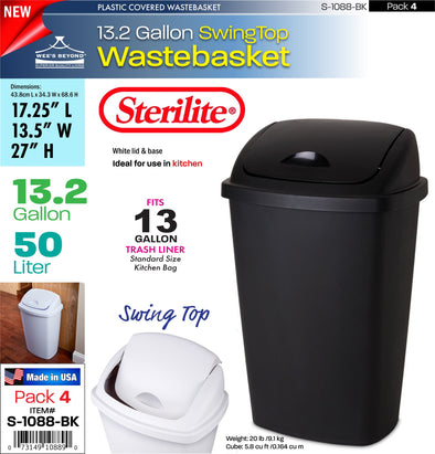 #S-1088-BK Sterilite Plastic 13.2 Gallon SwingTop Wastebasket- Black (case pack 4 pcs)