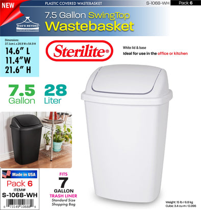 #S-1068-WH Sterilite Plastic 7.5 Gallon SwingTop Wastebasket - White (case pack 6 pcs)