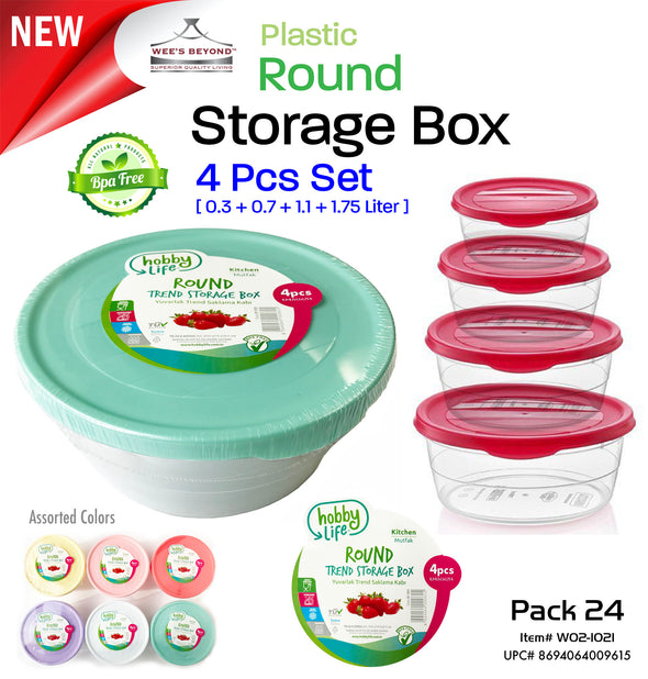 #W02-1021 Trend 4-pc Round Storage Box Asst Color (case pack 24 pcs)