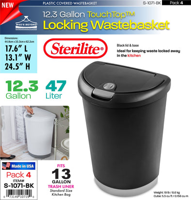 #S-1071-BK Sterilite Plastic 12.3 Gallon Locking TouchTopª Wastebasket- Black (case pack 4 pcs)