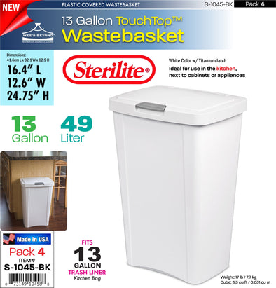 #S-1045-WH Sterilite Plastic 13 Gallon TouchTopª Wastebasket- White (case pack 4 pcs)