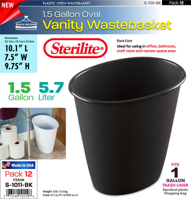 #S-1011-BK Sterilite Plastic 1.5 Gallon Oval Vanity Wastebasket - Black (case pack 12 pcs)