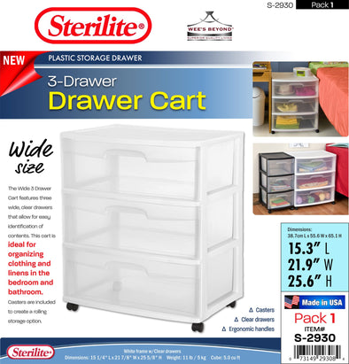 #S-2930-WH Sterilite Plastic Wide 3 Drawer Cart White