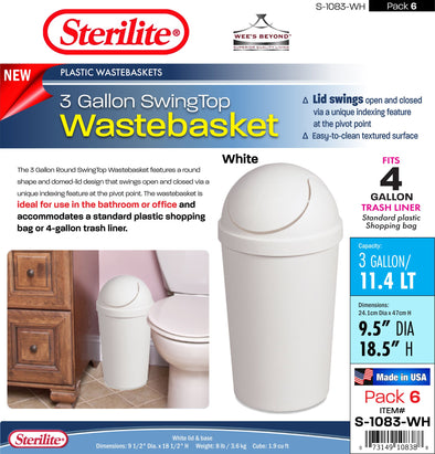 #S-1083-WH Sterilite Plastic 3 Gallon SwingTop Wastebasket- White (case pack 6 pcs)