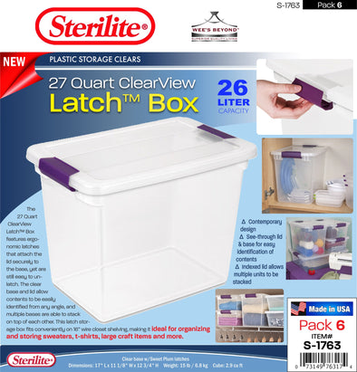 #S-1763 Sterilite Plastic 27 Quart ClearView Latch Box (case pack 6 pcs)