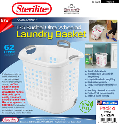 #S-1224 Sterilite Plastic Wheeled Laundry Basket w/Retractable Handle (case pack 4 pcs)