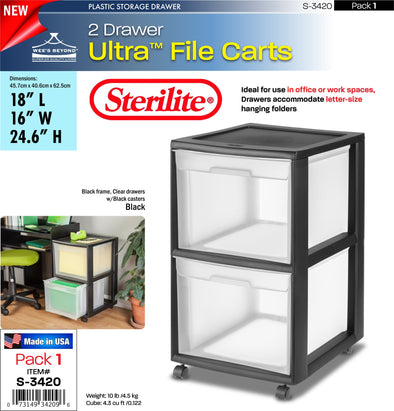 #S-3420 Sterilite Plastic 2 Drawer File Cart