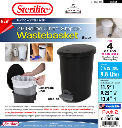 #S-1081-BK Sterilite Plastic 2.6 Gallon Ultra StepOn Wastebasket Black (case pack 2 pcs)