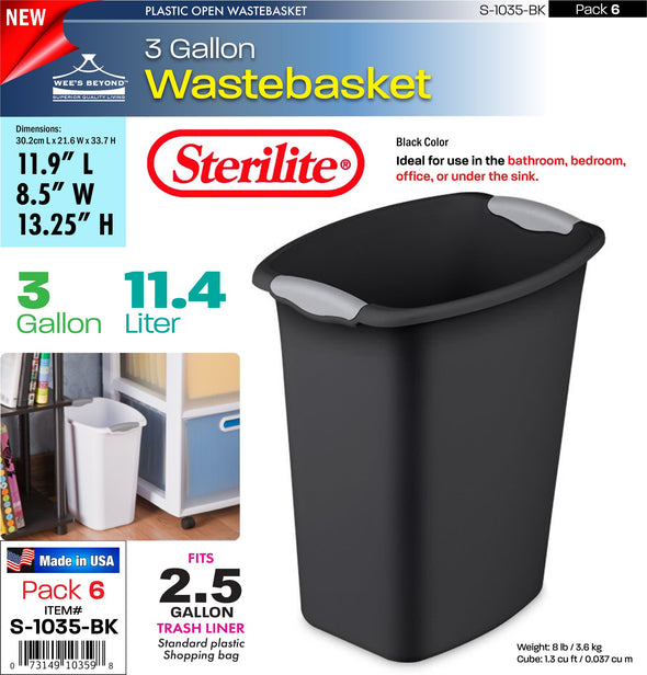 #S-1035-BK Sterilite Plastic 3 Gallon Wastebasket- Black (case pack 6 pcs)