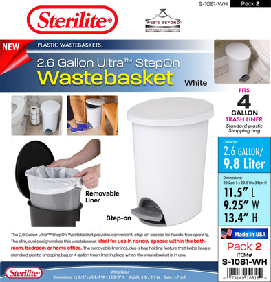 #S-1081-WH Sterilite Plastic 2.6 Gallon Ultra StepOn Wastebasket White (case pack 2 pcs)