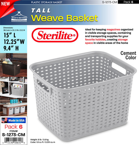 #S-1273-CM Sterilite Plastic Tall Weave Basket- Cement (case pack 6 pcs)
