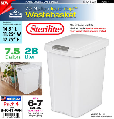 #S-1043-WH Sterilite Plastic 7.5 Gallon TouchTopª Wastebasket- White (case pack 4 pcs)