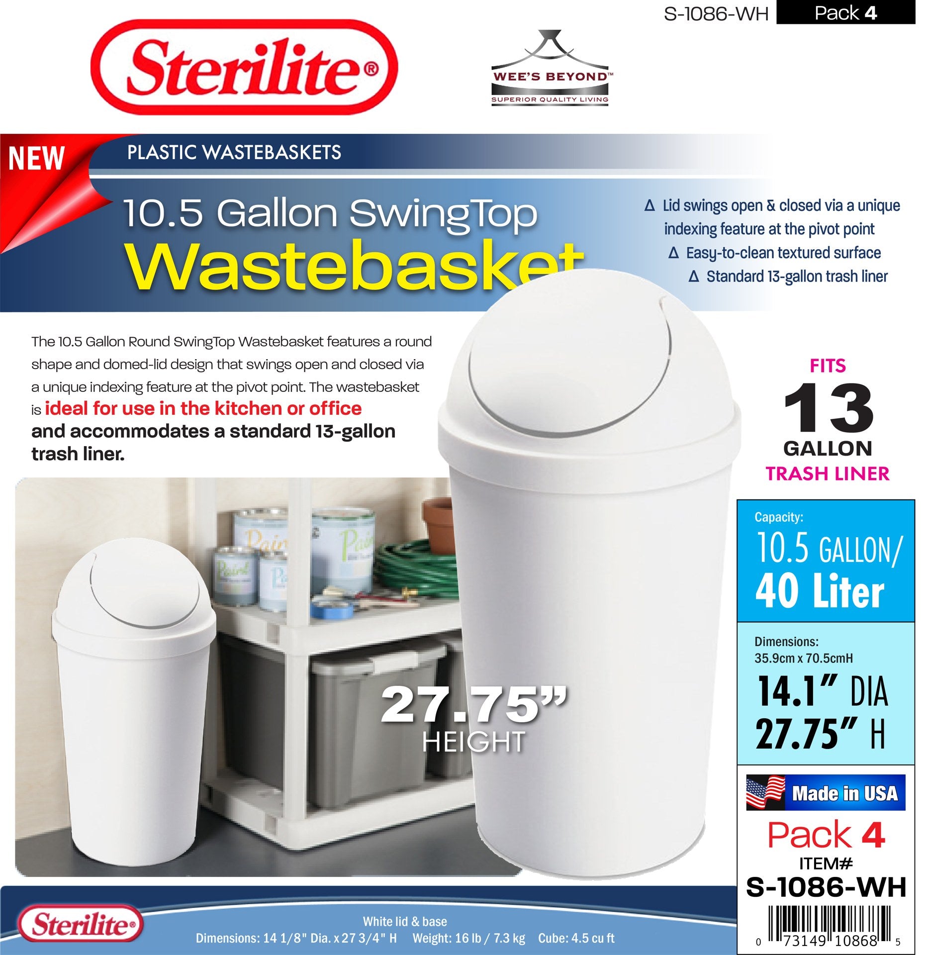 S-1086-WH Sterilite Plastic 10.5 Gallon SwingTop Wastebasket