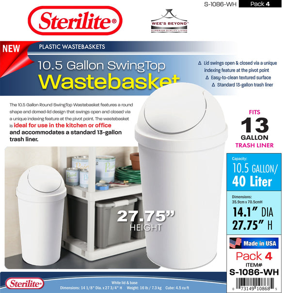 #S-1086-WH Sterilite Plastic 10.5 Gallon SwingTop Wastebasket- White (case pack 4 pcs)