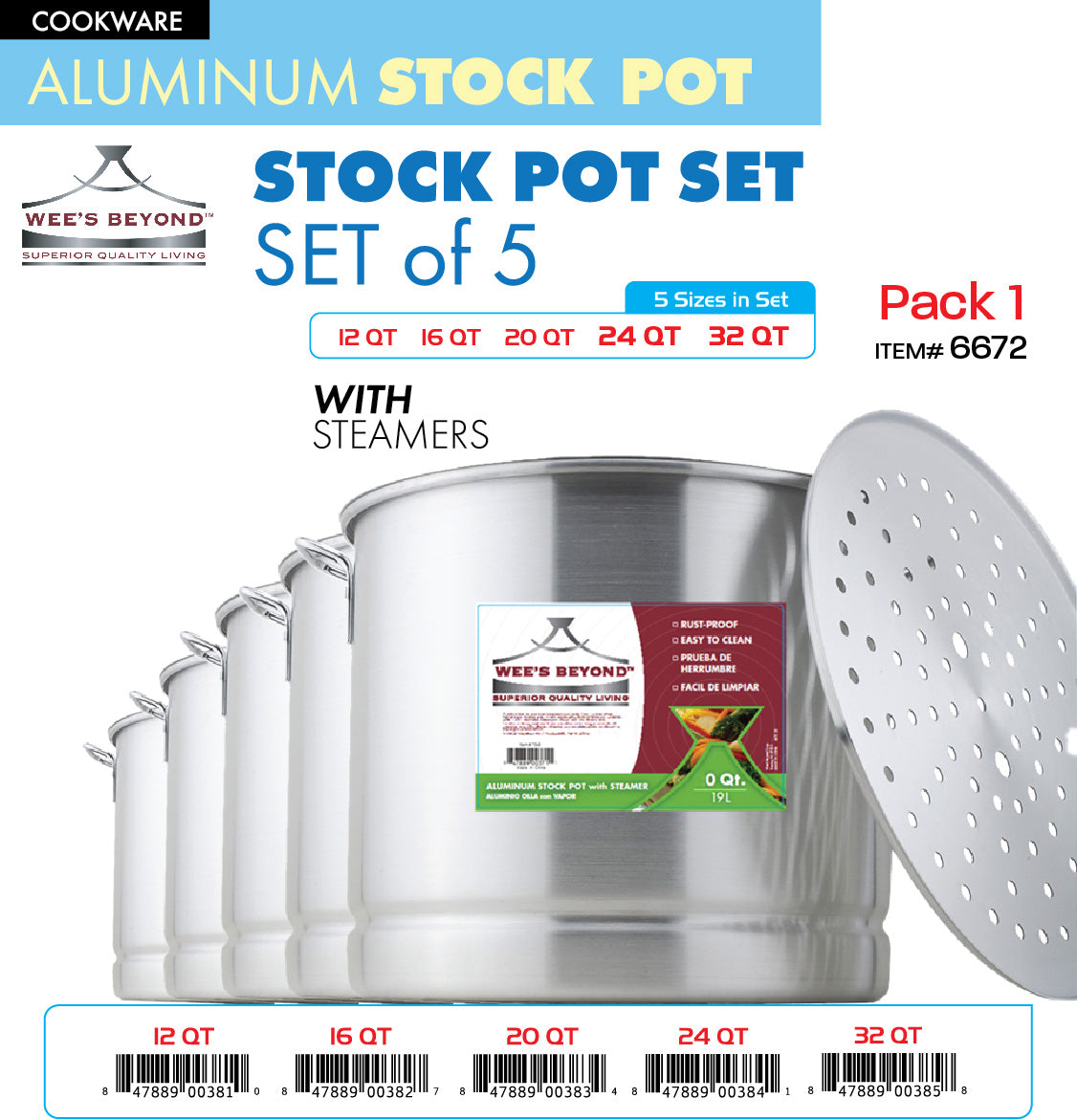 Aluminum Stock Pot Set, 8, 12, 16, 20 and 24 Qt.