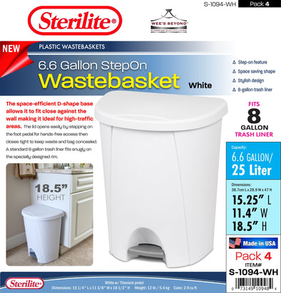 #S-1094-WH Sterilite Plastic 6.6 Gallon StepOn Wastebasket White (case pack 4 pcs)