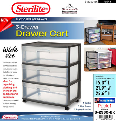Sterilite 3 Drawer Wide Cart Black