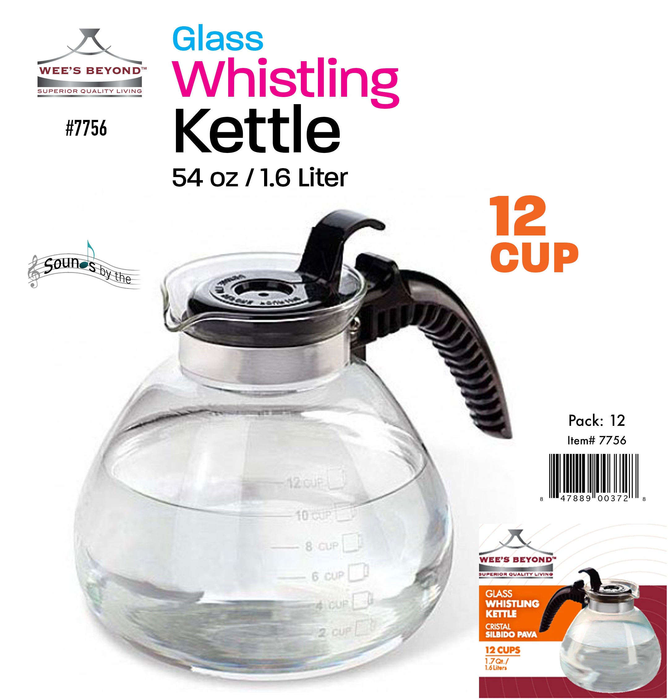 7756 Stove Top Glass Whistling Kettle 12 Cups (case pack 12 pcs