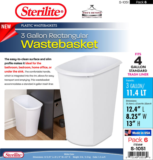 #S-1051 Sterilite Plastic 3 Gallon Rectangular Wastebasket (case pack 6 pcs)