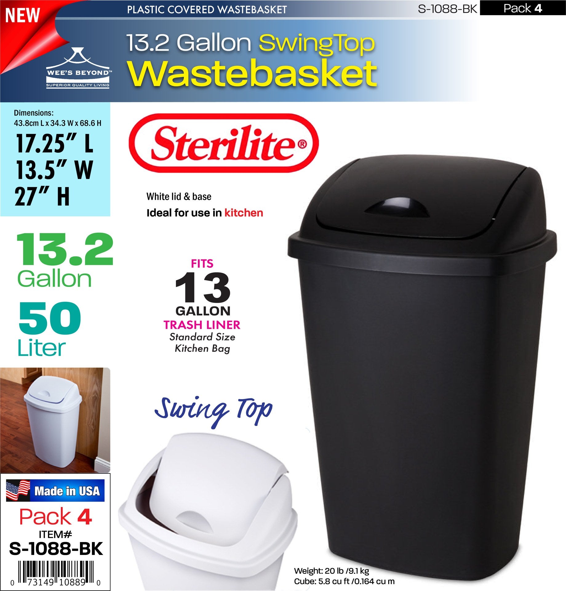Sterilite Swingtop Wastebasket, Black, 13 gallon