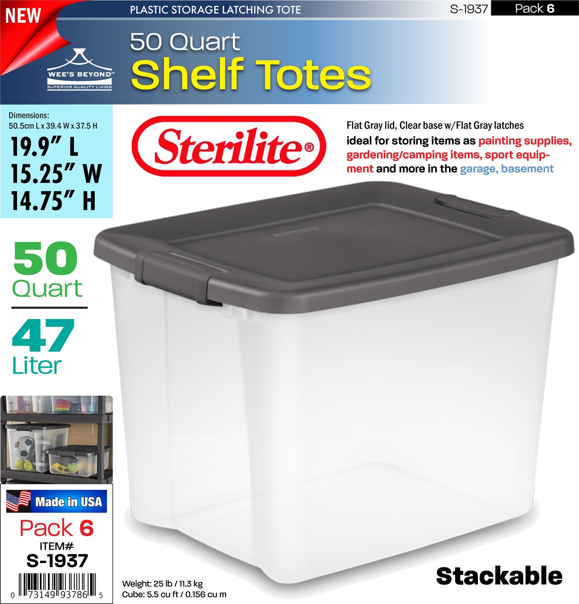 Sterilite ShelfTotes 50 Quart Clear Latched Plastic Storage Container
