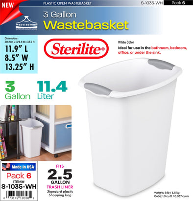 #S-1035-WH Sterilite Plastic 3 Gallon Wastebasket- White (case pack 6 pcs)