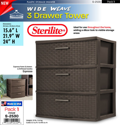 #S-2530 Sterilite Plastic 3 Drawer Wide Weave Tower