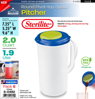 #S-0482 Sterilite Plastic 2 Quart Round Pitcher w/Lime Tab (case pack 6 pcs)