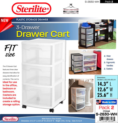 #S-2830-WH Sterilite Plastic 3 Drawer Cart - White (case pack 2 pcs)