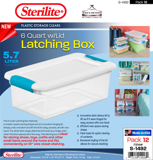 #S-1492 Sterilite Plastic Clear 6 Qt Latching Box w/Lid (case pack 12 pcs)