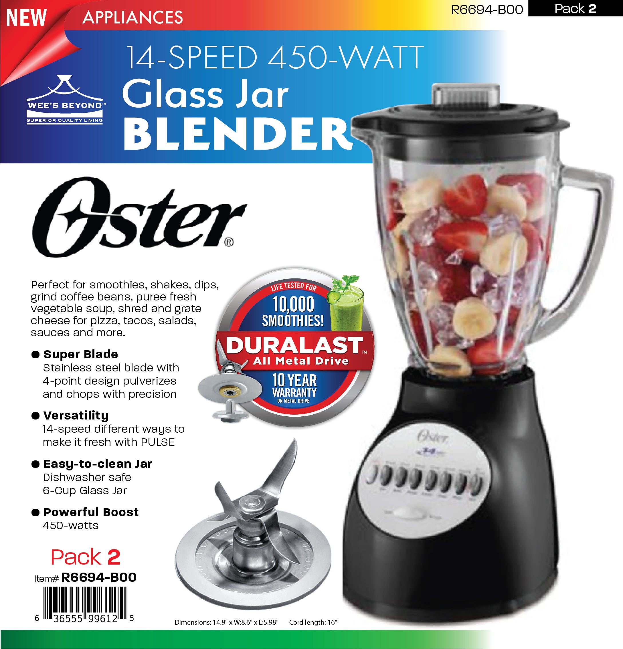 14 Speed Oster Glass Jar Blender Walmart R6694-B00 Oster 14-speed