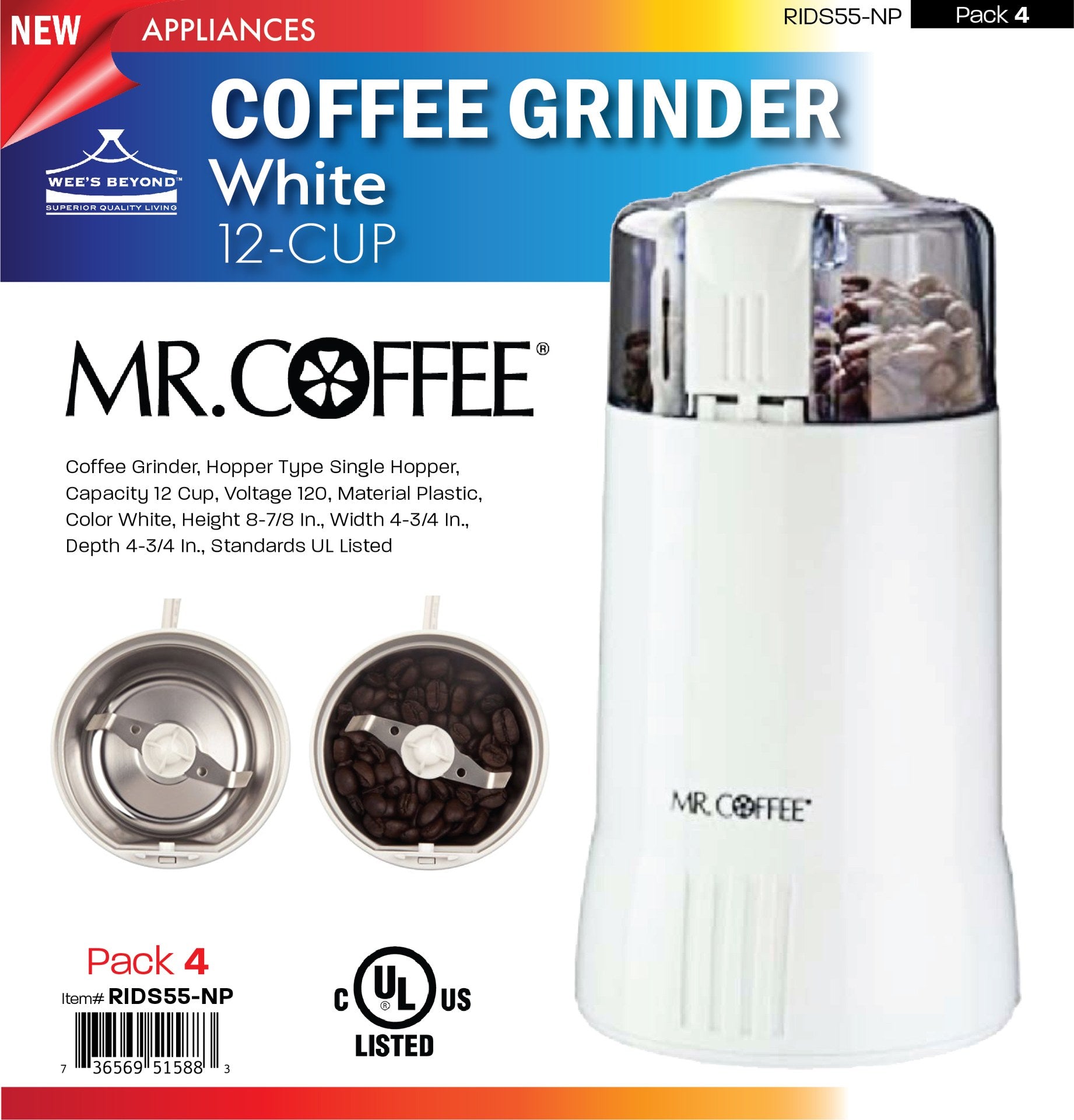 RIDS55-NP Mr. Coffee 12-cup White Coffee Grinder (case pack 4 pcs