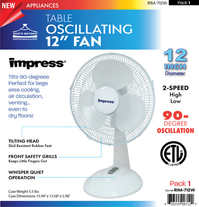 #RIM-712W Oscillating 12" Table Fan - White (case pack 1 pc)