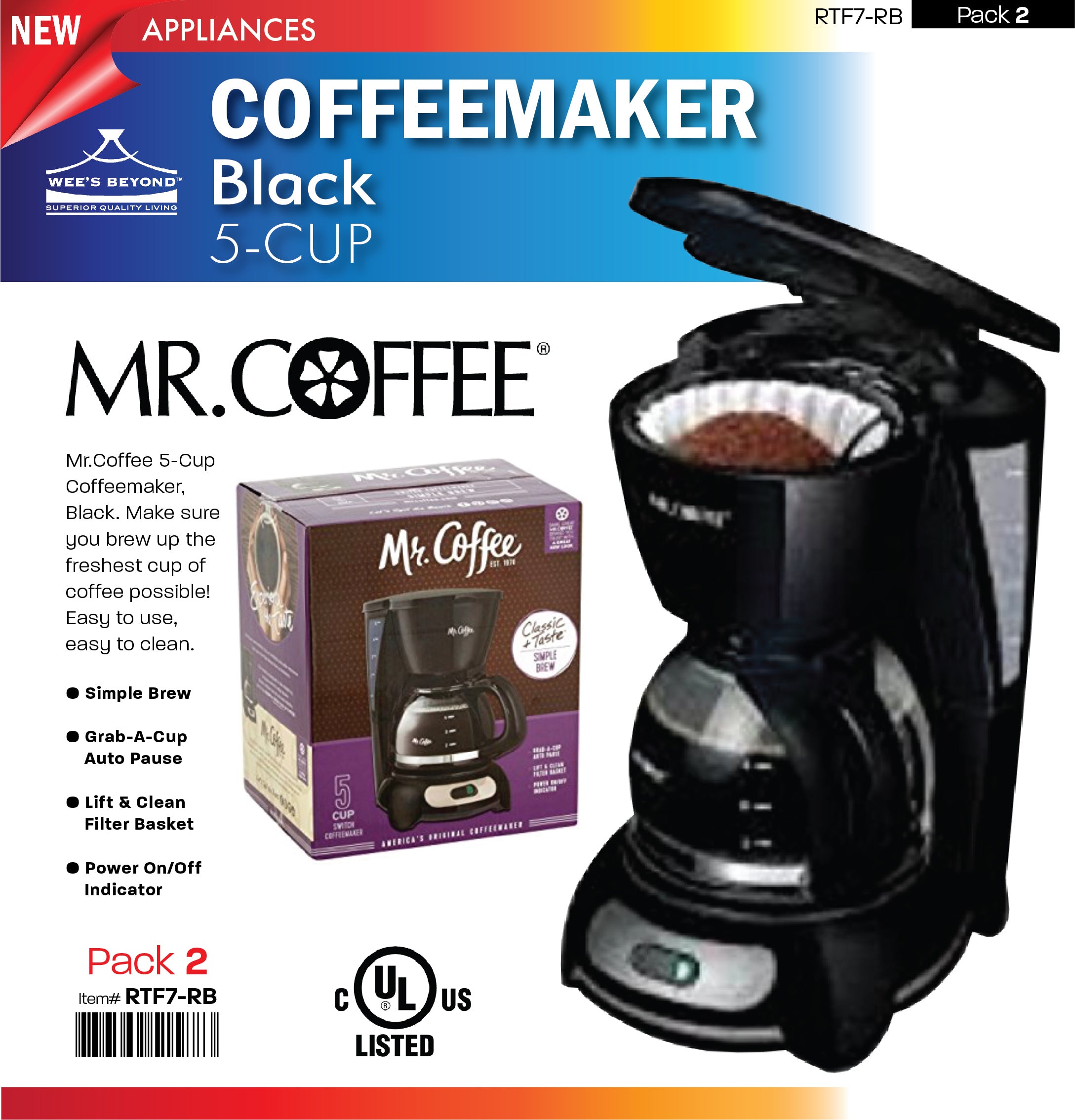 RTF7-RB Mr. Coffee 5-cup Black Coffeemaker (case pack 2 pcs) – WEE'S BEYOND  WHOLESALE