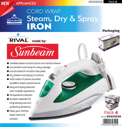 #RES2325R-1 Cord Wrap Steam Spray Dry Iron (case pack 4 pcs)