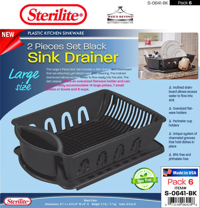 Sterilite Large Plastic Dish Drainer Dry Rack 2 Piece Sink Drainboard 0641  Black