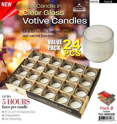 #TLC-M0026 Votive Candles Wax Candle in Clear Glass 24 Count (case pack 2 set)