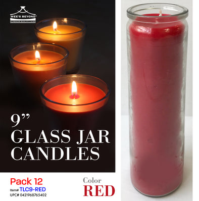 #TLC9-RED 9" Glass Jar Candles- Red (case pack 12 pcs)